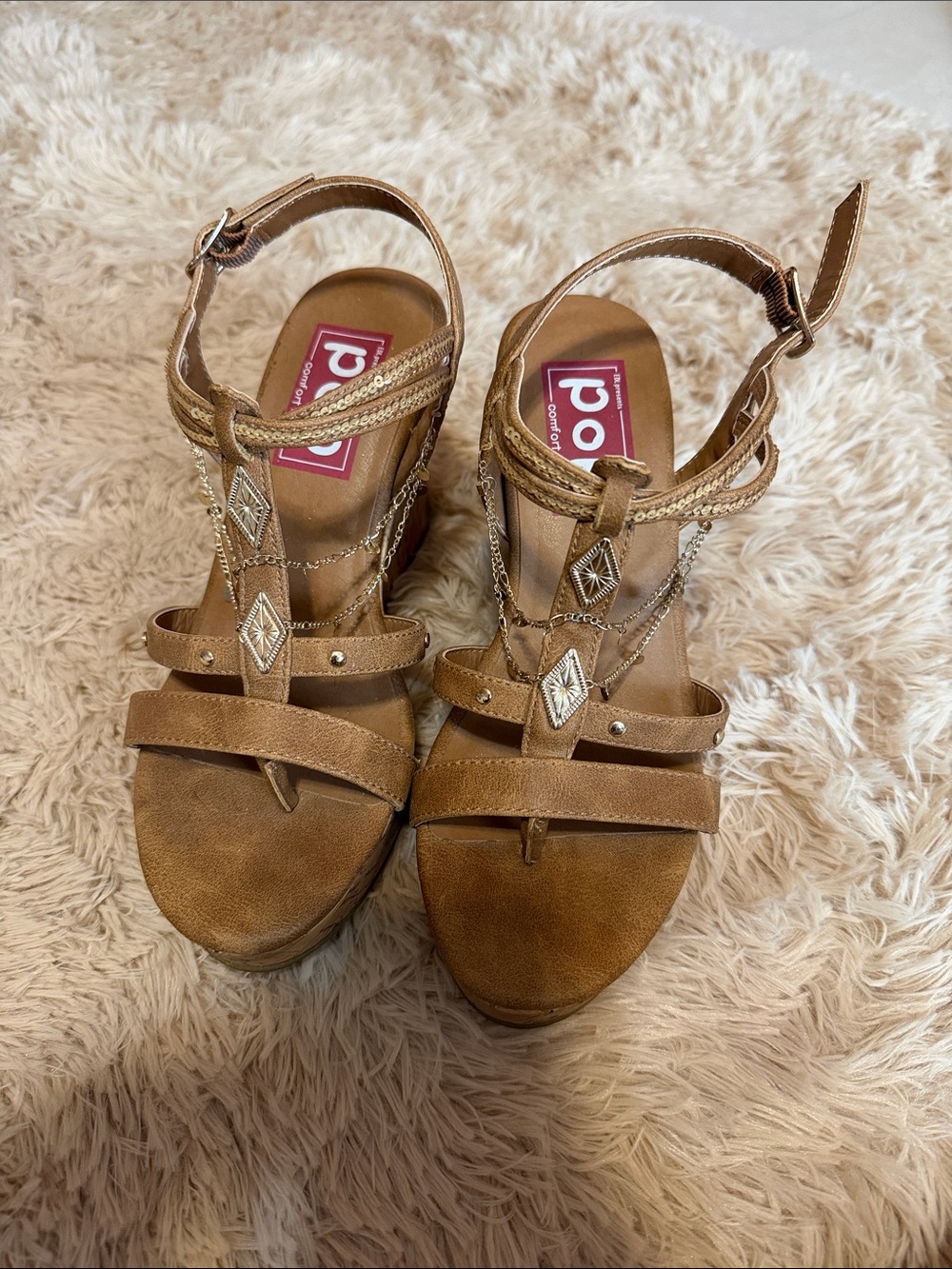 Pop. Tan Suede Wedge Sandals with Gold Chain Accents